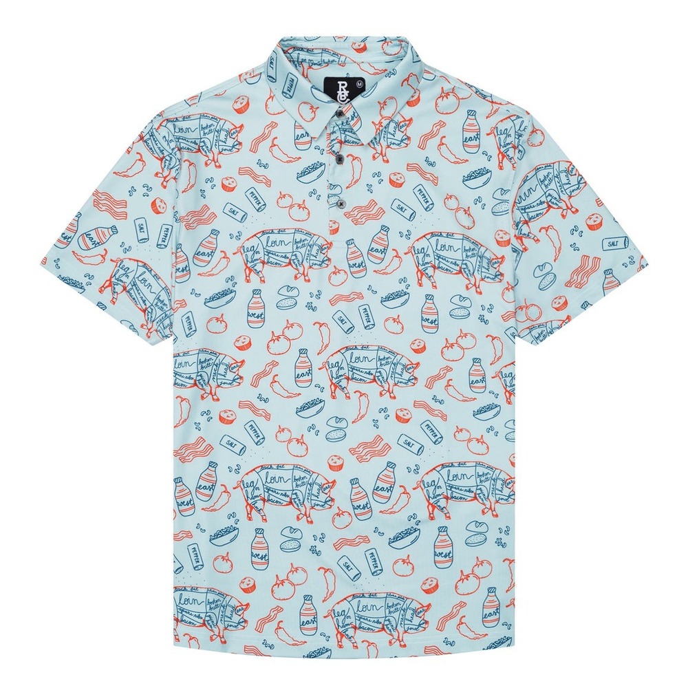 NWT Raised by Coyotes Southern BBQ Polo Shirt Mens 3XL Blue Pig Butcher Print
